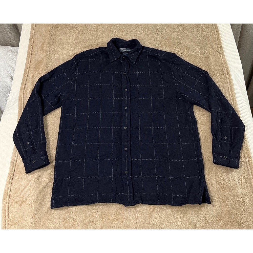 Vintage Polo by Ralph Lauren Shirt XL navy plaid Wool Button Down Long Sleeve